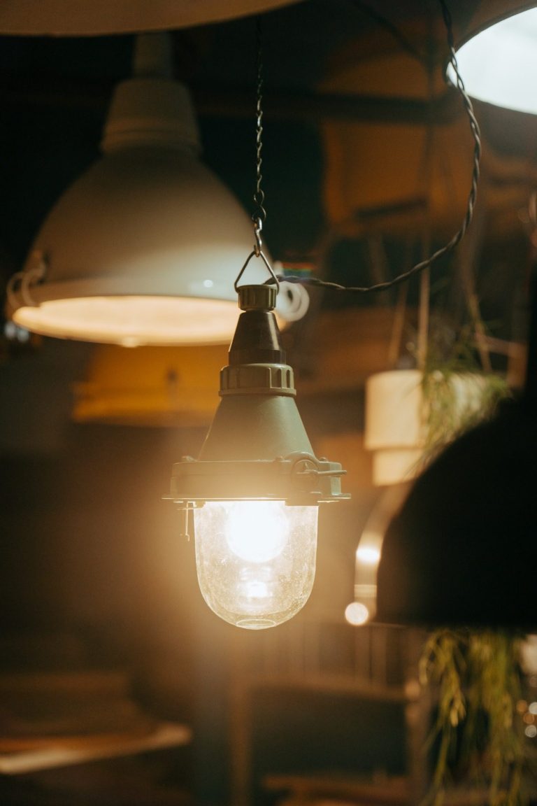 Close up of lampshades in a dark room, with one light bulb lit up, representing shedding light on our vision.